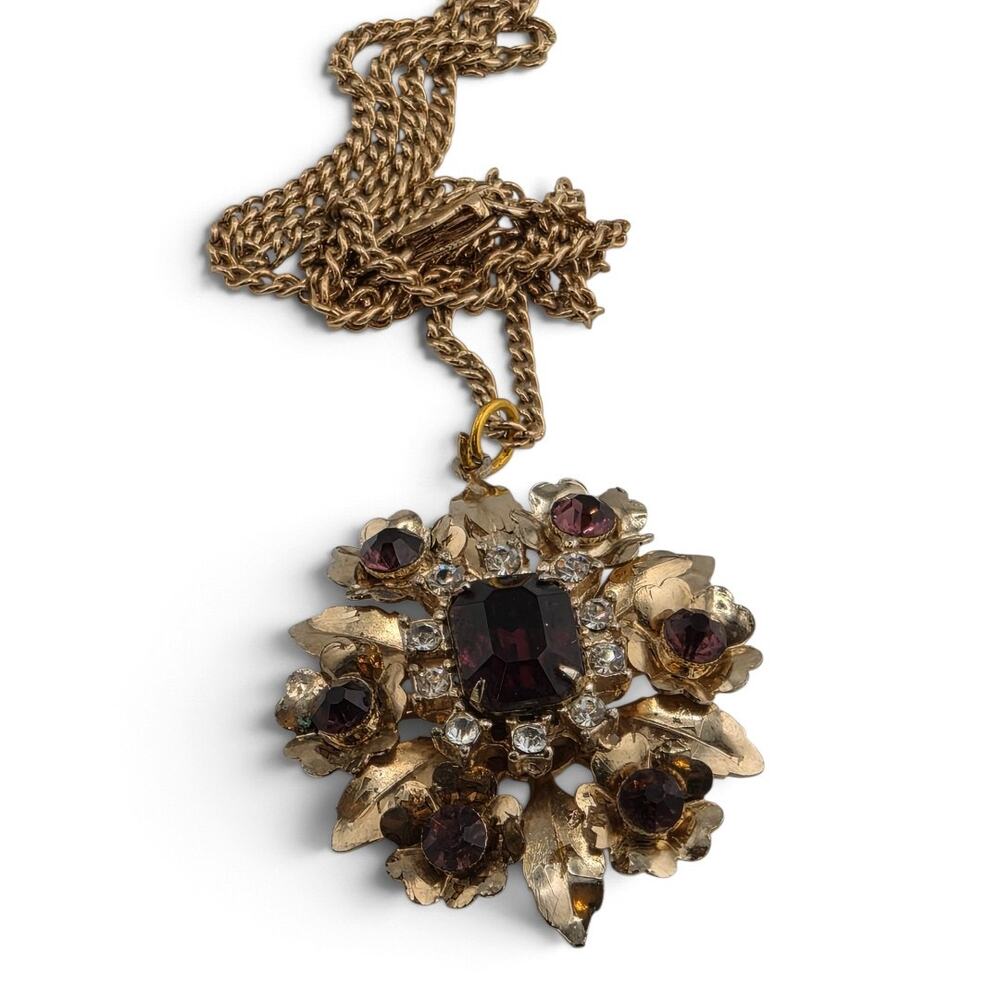 Vintage Purple Rhinestone Floral Pendant Necklace Gold Tone Unsigned